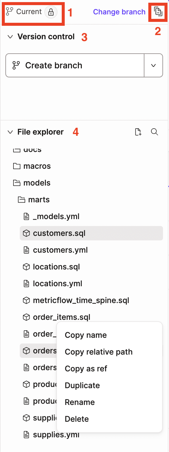 The Git repo link, documentation site button, Version Control menu, and File Explorer The Git repo link, documentation site button, Version Control menu, and File Explorer