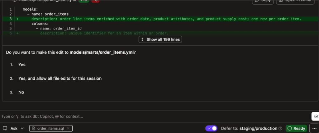 The Developer agent in Ask mode, requesting approval before making file edits. The Developer agent in Ask mode, requesting approval before making file edits.